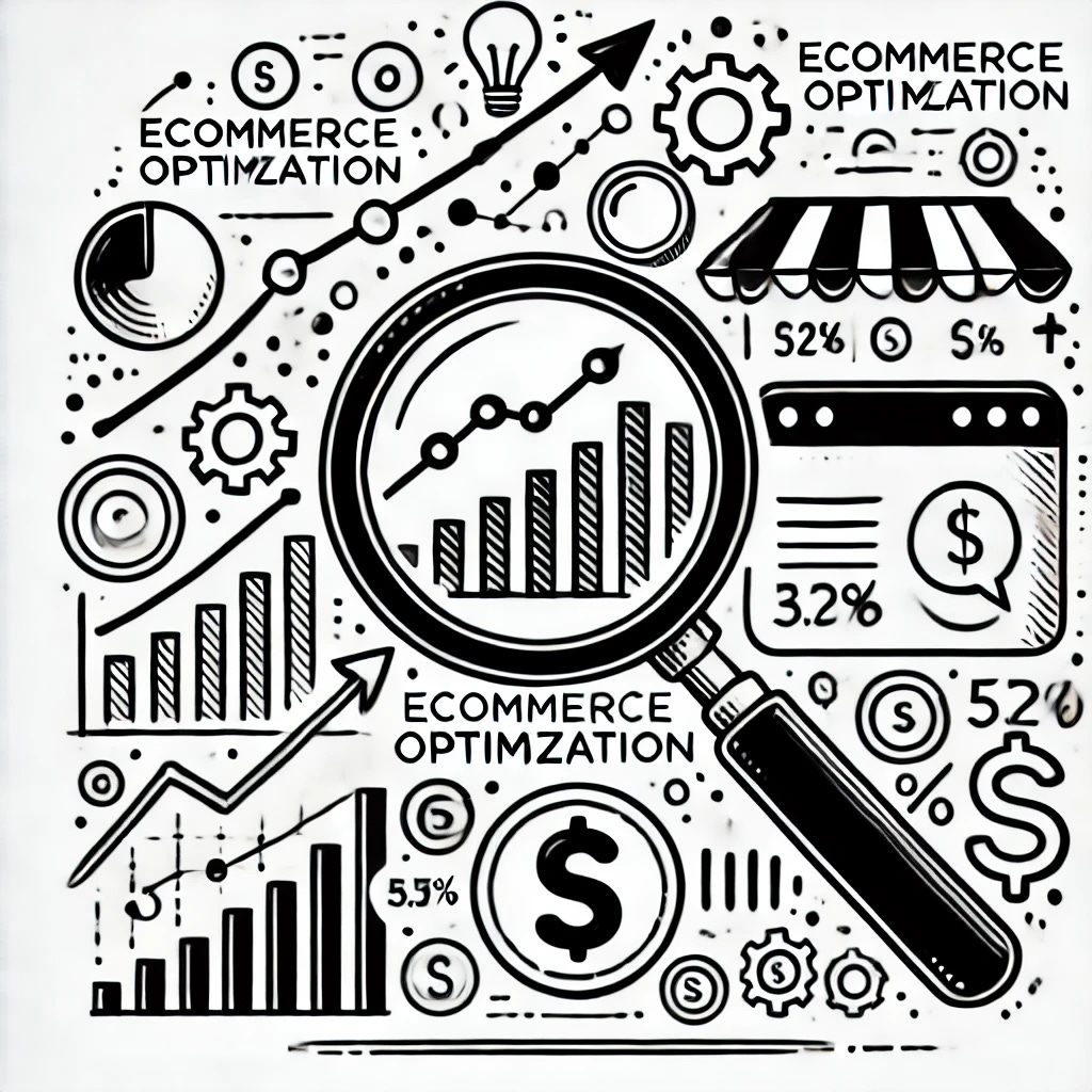 A minimalist black and white hand-drawn style illustration representing ecommerce optimization. The design should feature simple line-art icons such as a graph going up and down, a magnifying glass analyzing data, and a dollar sign representing profit. The artwork should have a clean and professional aesthetic, without any text.