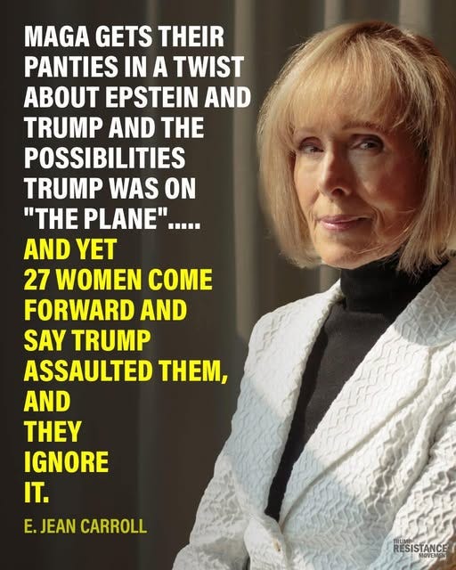 May be an image of 1 person and text that says 'MAGA GETS THEIR PANTIES IN A TWIST ABOUT EPSTEIN AND TRUMP AND THE POSSIBILITIES TRUMP WAS ON "THE PLANE"..... AND YET 27 WOMEN COME FORWARD AND SAY TRUMP ASSAULTED THEM, AND THEY IGNORE IT. E. JEAN CARROLL TRUM RESIS RESISTANCE MOVEME'