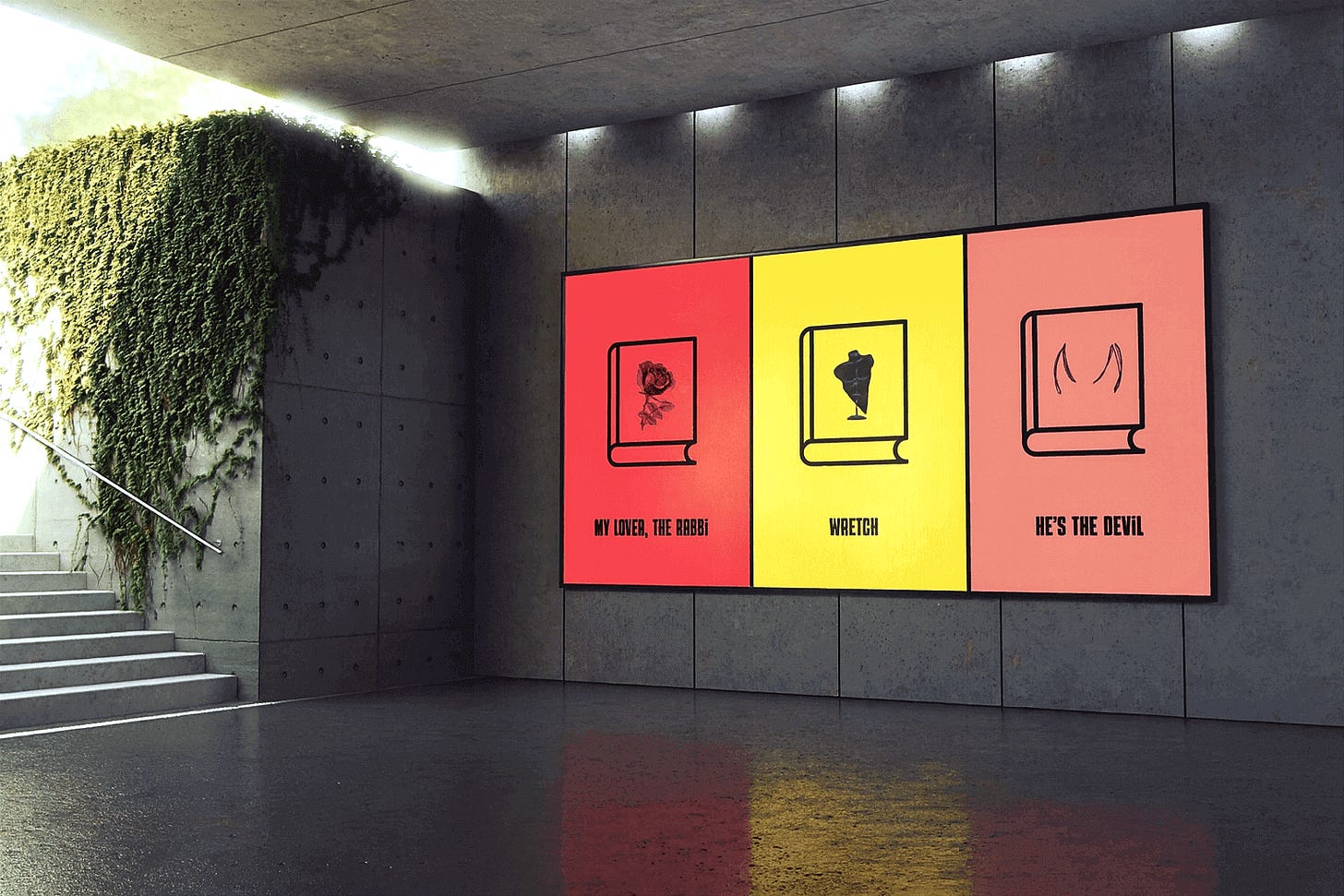 Concrete underground stairway with ivy and a backlit billboard of three colorful novel posters.