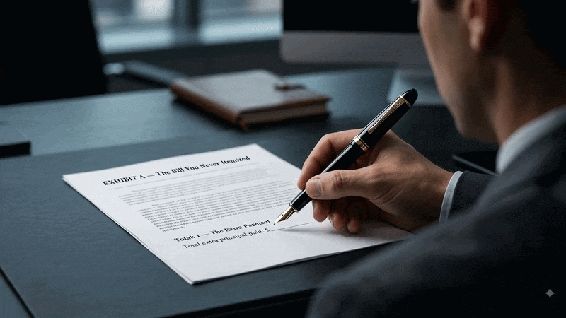 A man in a dark suit sits at a modern desk, holding a black fountain pen and leaning over a printed document titled "EXHIBIT A — The Bill You Never Itemized."
