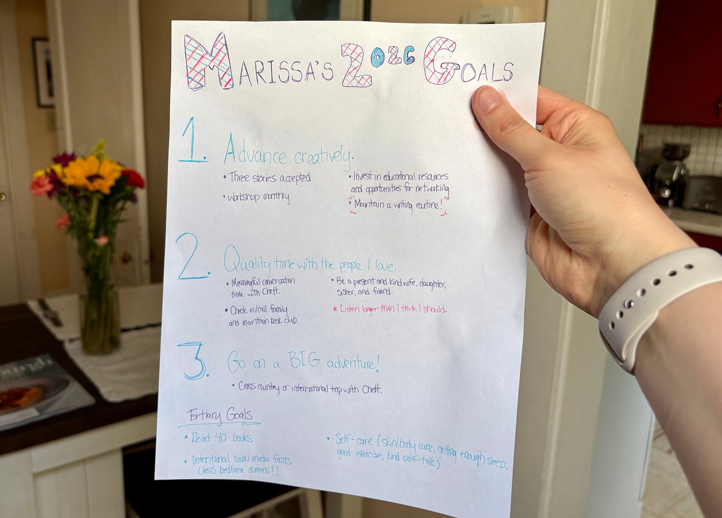A piece of paper with the author's 2026 goals, which includes getting three short stories accepted by literary magazines.