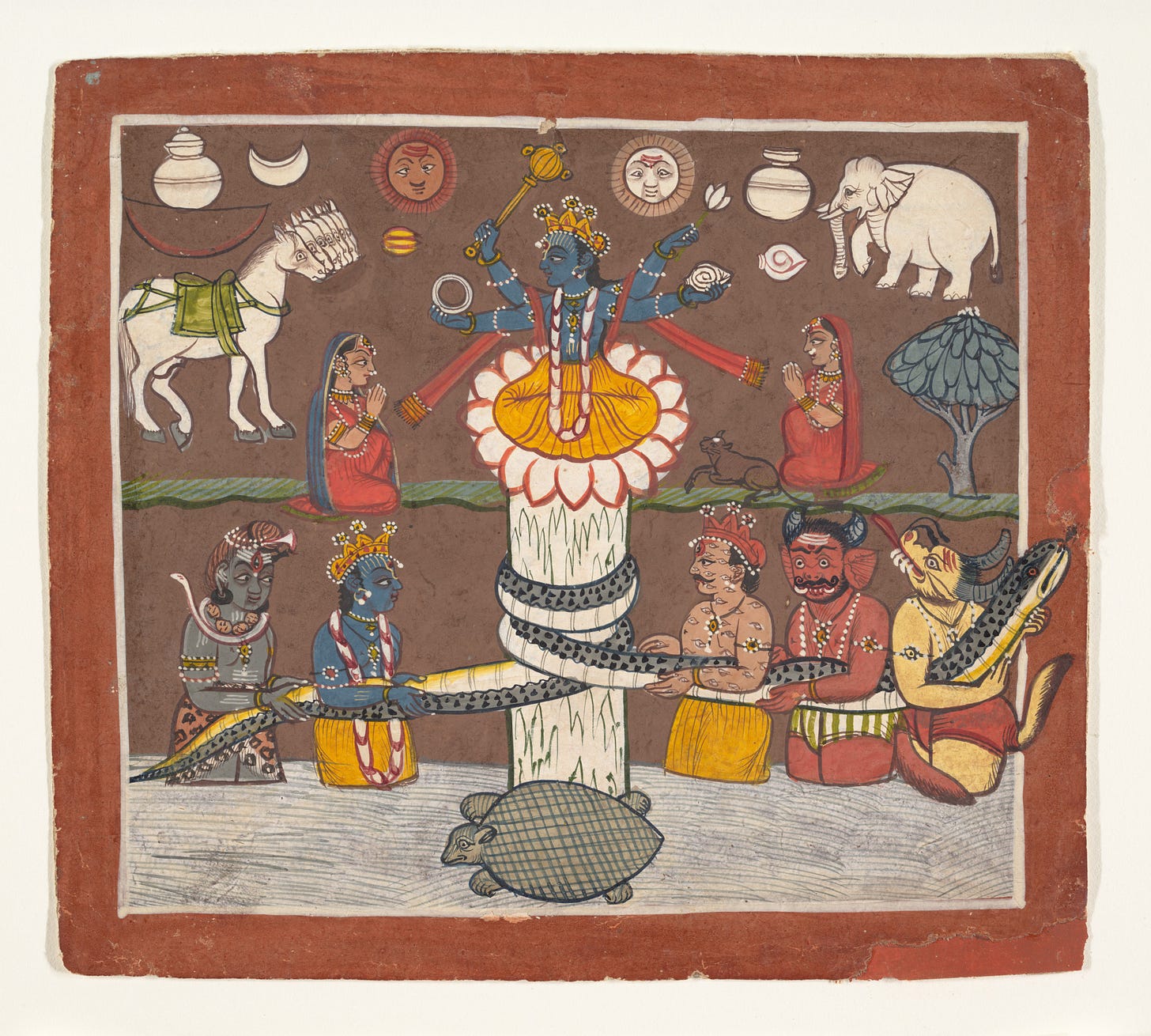 The Churning of the Ocean of Milk, Ink and opaque watercolor on paper, India (Punjab Hill, Mandi)