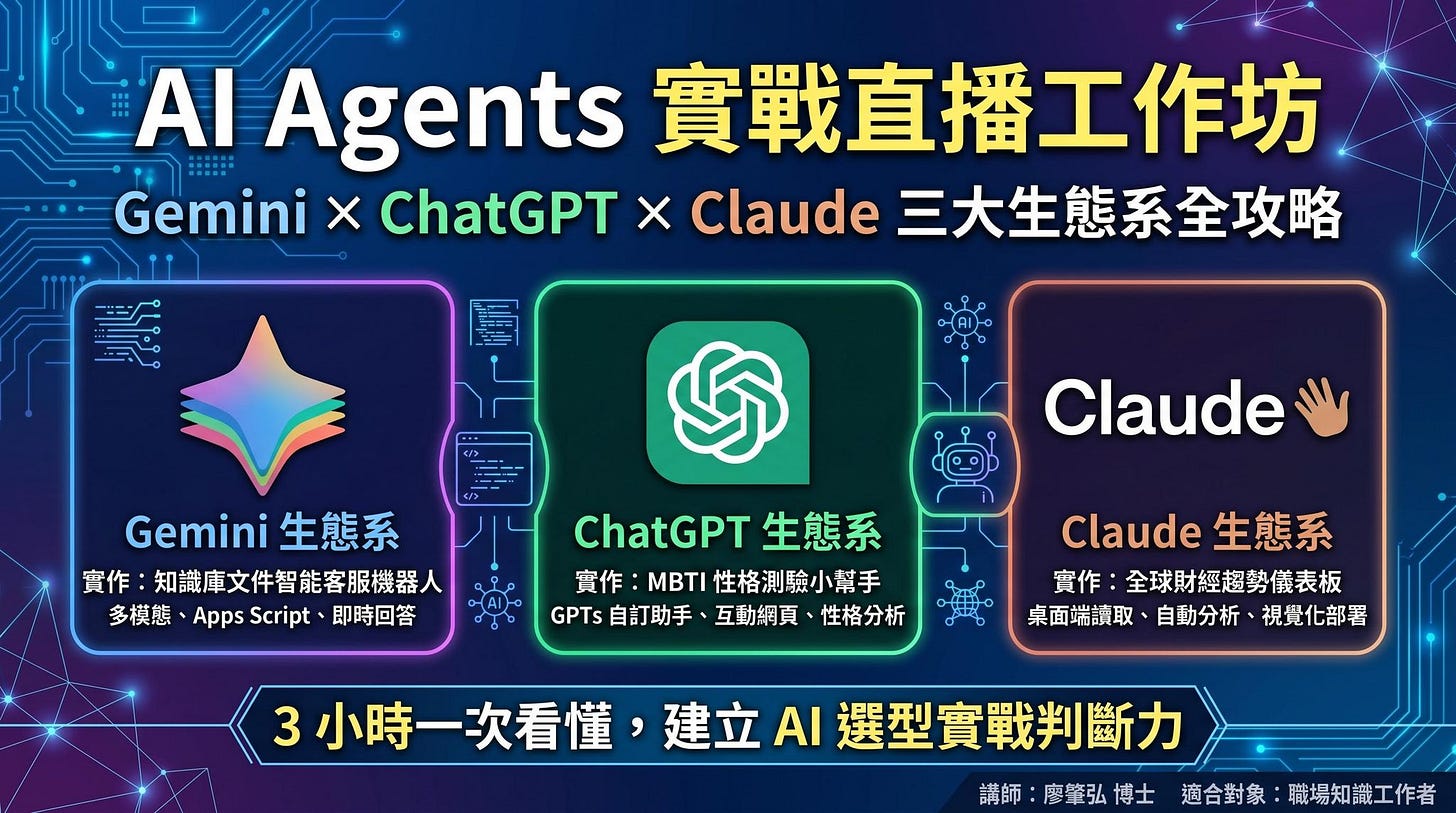 3 小時搞懂 ChatGPT、Gemini、Claude 怎麼選:AI Agents 實戰直播工作坊 3 小時搞懂 ChatGPT、Gemini、Claude 怎麼選:AI Agents 實戰直播工作坊
