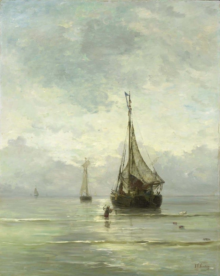 'Kalme zee' - olieverf op doek: Hendrik Willem Mesdag (herkomst: coll. Rijksmuseum Amsterdam, schenking van M.C. barones van Lynden-van Pallandt, Den Haag) 'Kalme zee' - olieverf op doek: Hendrik Willem Mesdag (herkomst: coll. Rijksmuseum Amsterdam, schenking van M.C. barones van Lynden-van Pallandt, Den Haag)