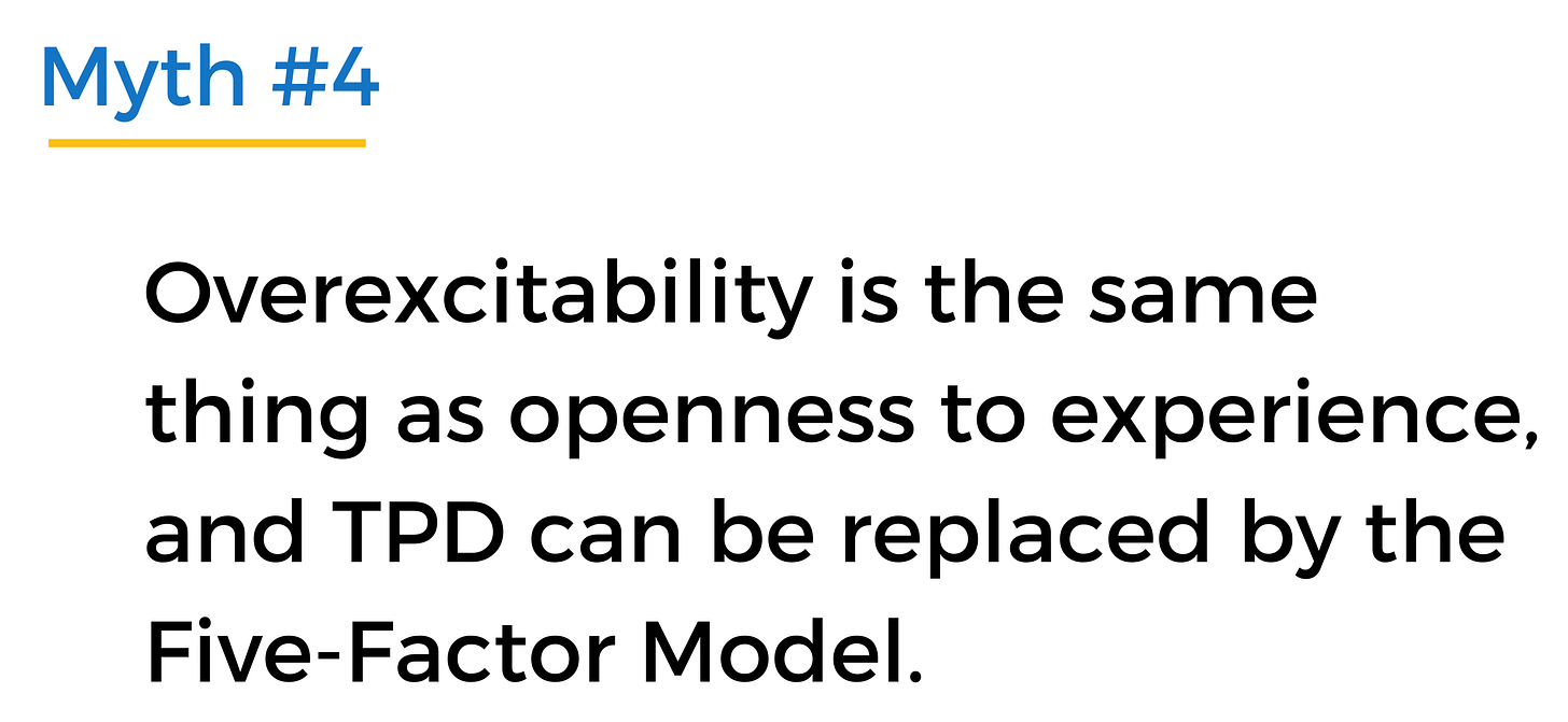 Image description: slide with "Myth #4: Overexcitability is the same thing as openness to experience, and TPD can be replaced by the Five-Factor Model." Image description: slide with "Myth #4: Overexcitability is the same thing as openness to experience, and TPD can be replaced by the Five-Factor Model."