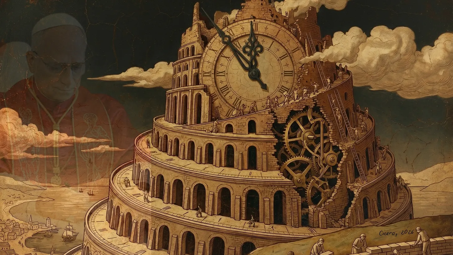 A fantastical tower resembling the Tower of Babel incorporates a large clock face and exposed gears, with a coastal city and ships in the background. An Image of Pope Leo appears faded, left over the clouds. Signing Magnifica Humanitas encyclical.