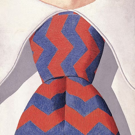 artworks of Domenico Gnoli, from left to right: a closeup of a green chemise, a closeup of curly red blonde hair, a closeup of a tie with red and blue stripes (all abstract)