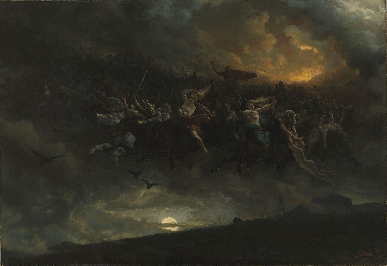 Arbo's Wild Hunt of Odin: a troop of riders sweeping sideways across a moonlit landscape, with ravens flying behind them Arbo's Wild Hunt of Odin: a troop of riders sweeping sideways across a moonlit landscape, with ravens flying behind them