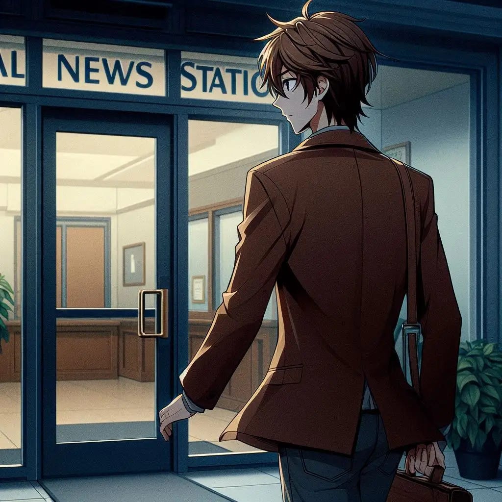A young man with brown hair and wears a brown blazer and jeans walking through the front doors inside to his small local news station building. anime art style. dark. modern. A young man with brown hair and wears a brown blazer and jeans walking through the front doors inside to his small local news station building. anime art style. dark. modern.