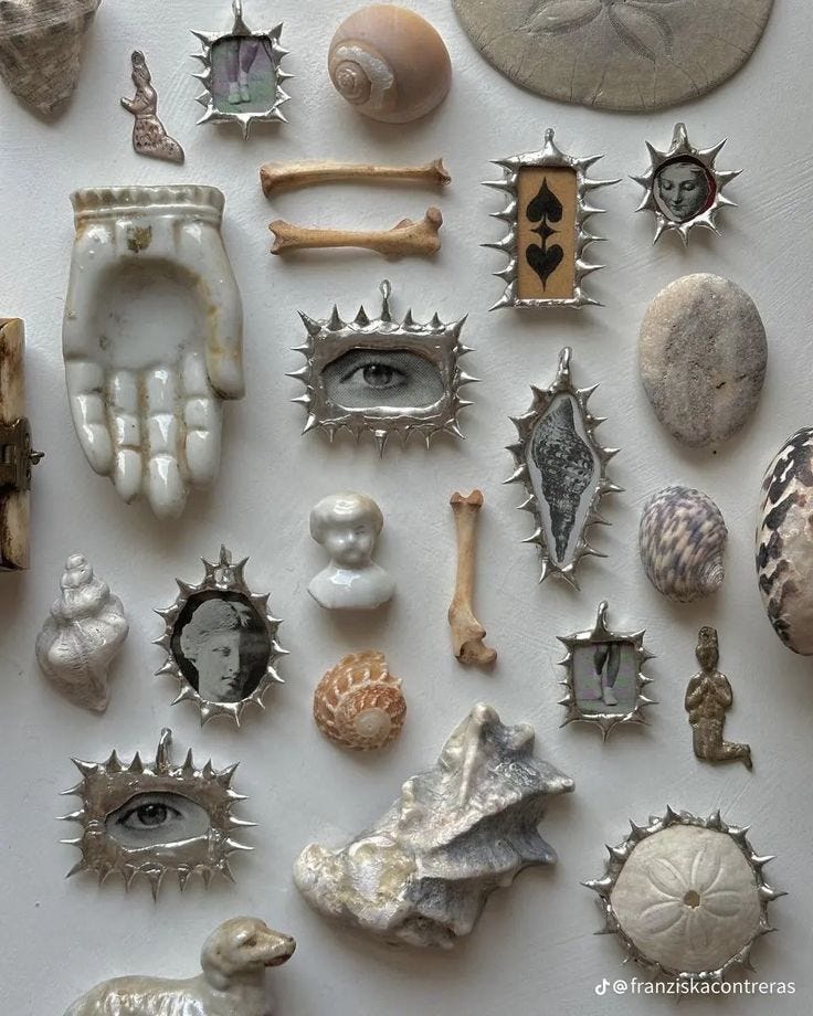 This may contain: there are many sea shells on the white table top, including one shell and two seashells