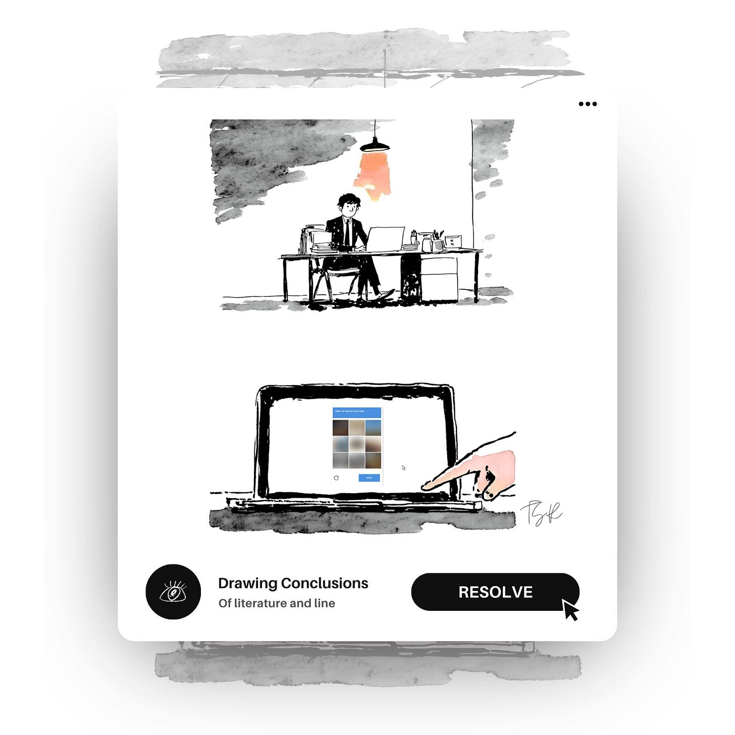 A digital pop-up window layered over a ghosted background. A split-screen composition shows a corporate, Kafkaesque man working at his desk, while the lower half shows his hand and a cursor, with the laptop screen displaying an impossibly blurry "Select all squares with cars" CAPTCHA grid. A high-contrast button at the bottom reads "RESOLVE."