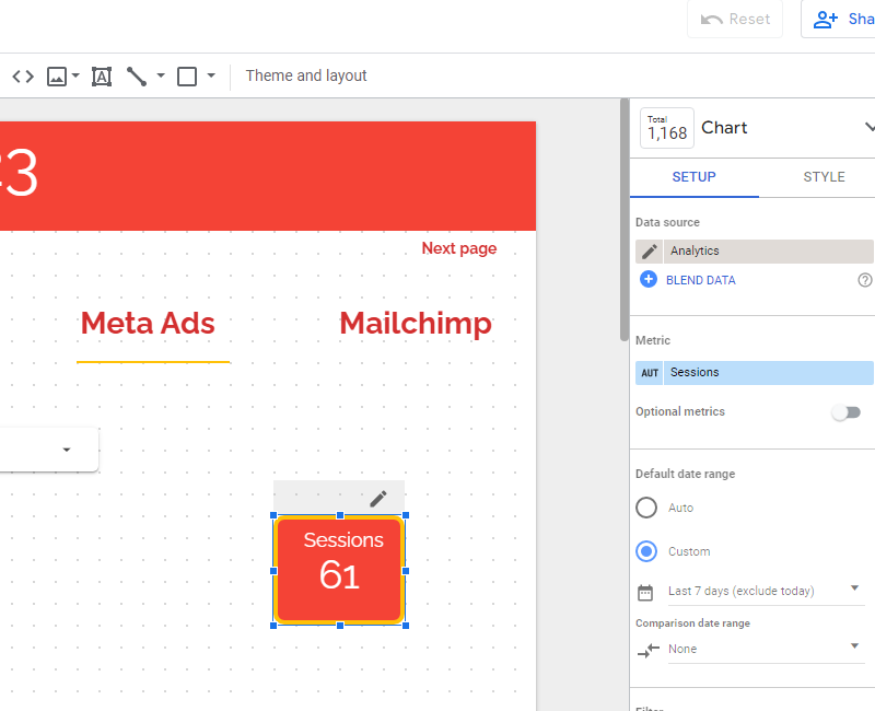Looker Studio date range control one datavisualization is set to custom