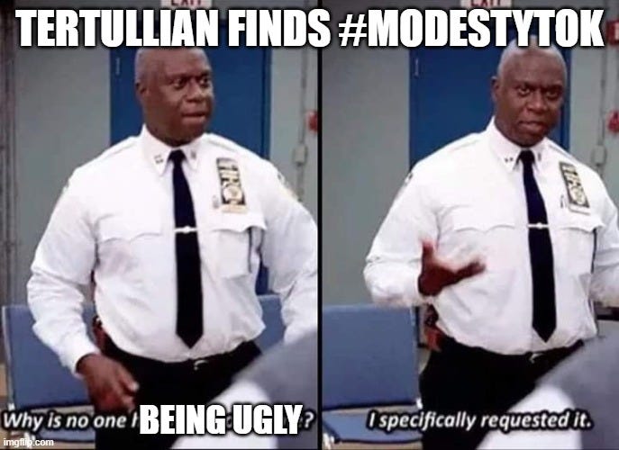 Why is no one having a good time? I specifically requested it | TERTULLIAN FINDS #MODESTYTOK; BEING UGLY | image tagged in why is no one having a good time i specifically requested it | made w/ Imgflip meme maker