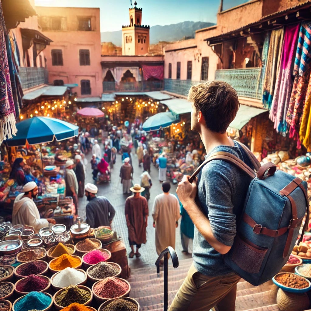 A young academic arriving at a vibrant Moroccan market in Marrakech, surrounded by colourful textiles, spices, and local vendors. The scene is lively, with traditional Moroccan architecture and the Atlas Mountains faintly visible in the background. The atmosphere captures excitement and cultural immersion, with the academic holding a bag and looking in awe at the surroundings.