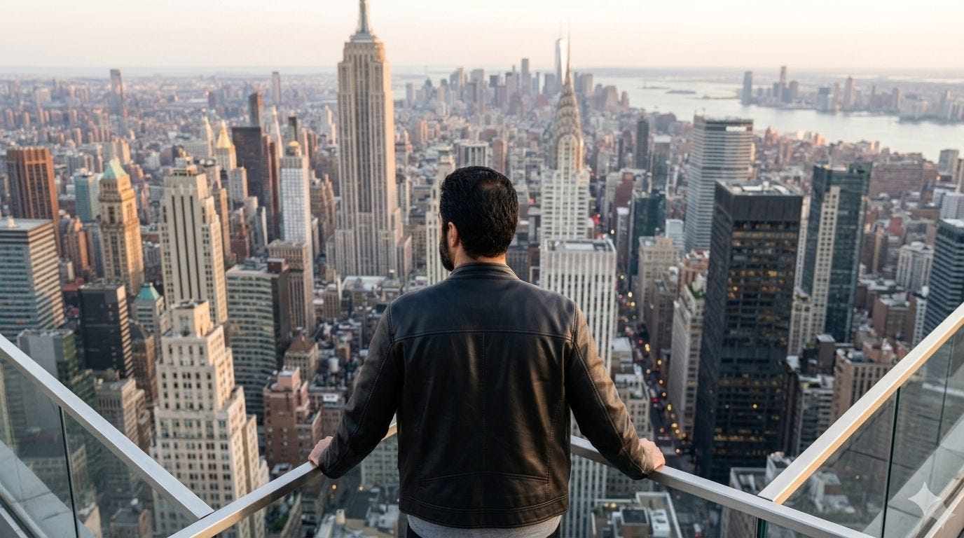 A man with short dark hair and beard and olive skin wearing a leather jacket stands on a balcony looking out at the Manhattan skyline