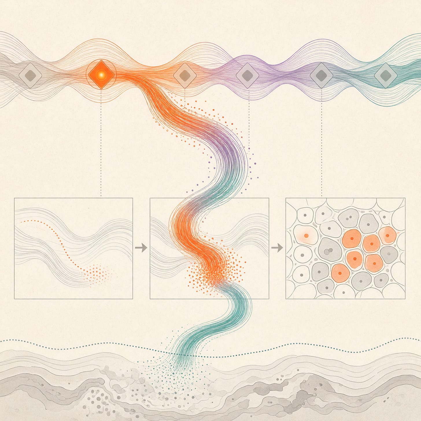 A non-text editorial illustration of the OLMALINC transcript and its small c10riboseqorf92 product exerting pressure across a field of cancer cells while a separate normal-tissue silhouette remains unresolved