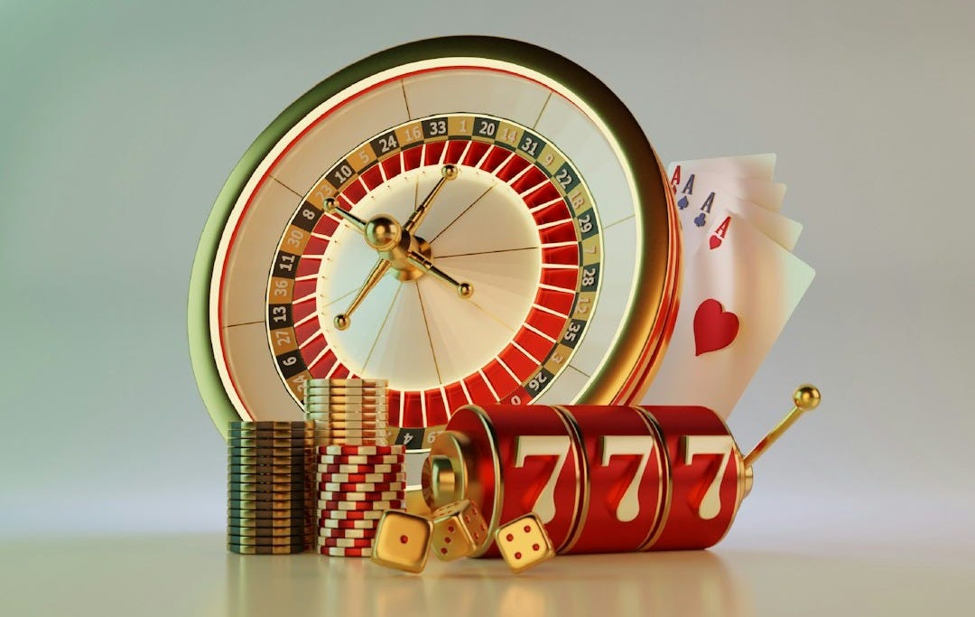 A clock, dice, and casino chips on a table