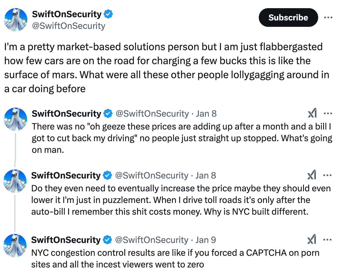  SwiftOnSecurity @SwiftOnSecurity I'm a pretty market-based solutions person but I am just flabbergasted how few cars are on the road for charging a few bucks this is like the surface of mars. What were all these other people lollygagging around in a car doing before Quote David Meyer aka dmey.bsky.social @dahvnyc · Jan 8 NEW YORKERS LOVE CONGESTION PRICING 🧵 Last edited 10:09 PM · Jan 8, 2025 · 3.3M  Views  SwiftOnSecurity @SwiftOnSecurity · Jan 8 There was no "oh geeze these prices are adding up after a month and a bill I got to cut back my driving" no people just straight up stopped. What's going on man. SwiftOnSecurity @SwiftOnSecurity · Jan 8 Do they even need to eventually increase the price maybe they should even lower it I'm just in puzzlement. When I drive toll roads it's only after the auto-bill I remember this shit costs money. Why is NYC built different. SwiftOnSecurity @SwiftOnSecurity · Jan 9 NYC congestion control results are like if you forced a CAPTCHA on porn sites and all the incest viewers went to zero