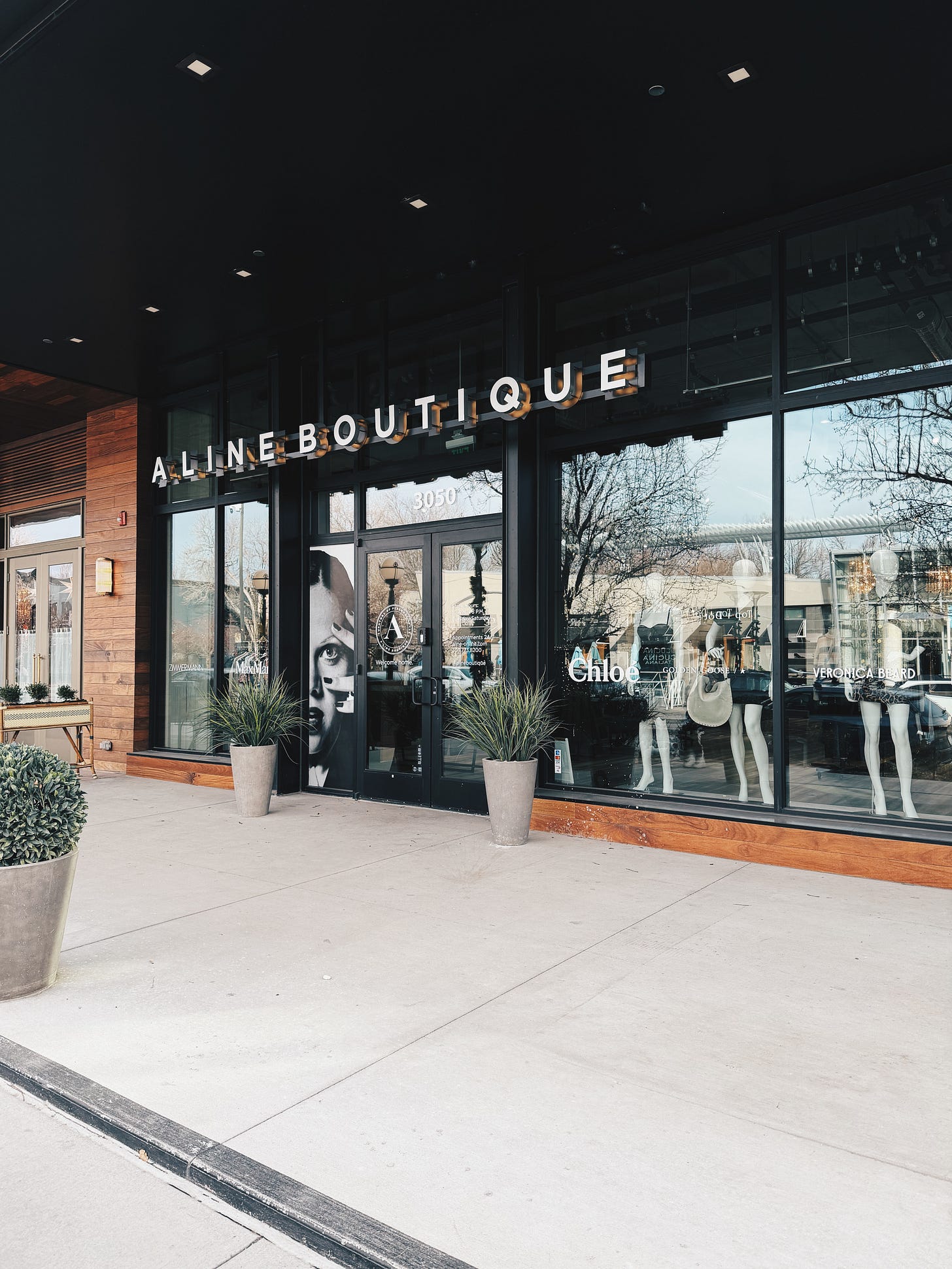 Aline Boutique storefront exterior in Cherry Creek North Denver shopping district, featuring contemporary fashion and personalized styling Aline Boutique storefront exterior in Cherry Creek North Denver shopping district, featuring contemporary fashion and personalized styling
