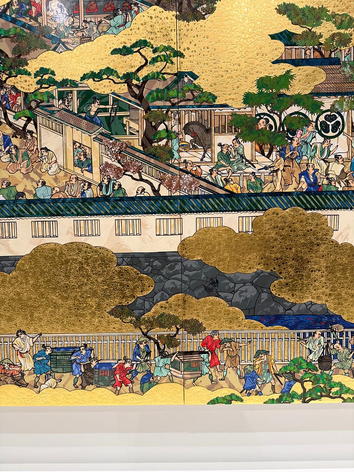Details from Chichu: Cai Guo-Qiang, “Head On” (2006); T. Murakami, "“Rakuchū-Rakugai-zu Byōbu: Iwasa Matabei RIP” (2023-24); NS Harsha, “Happily Married Life”; and Do Ho Suh, “Hub/s” (2025)