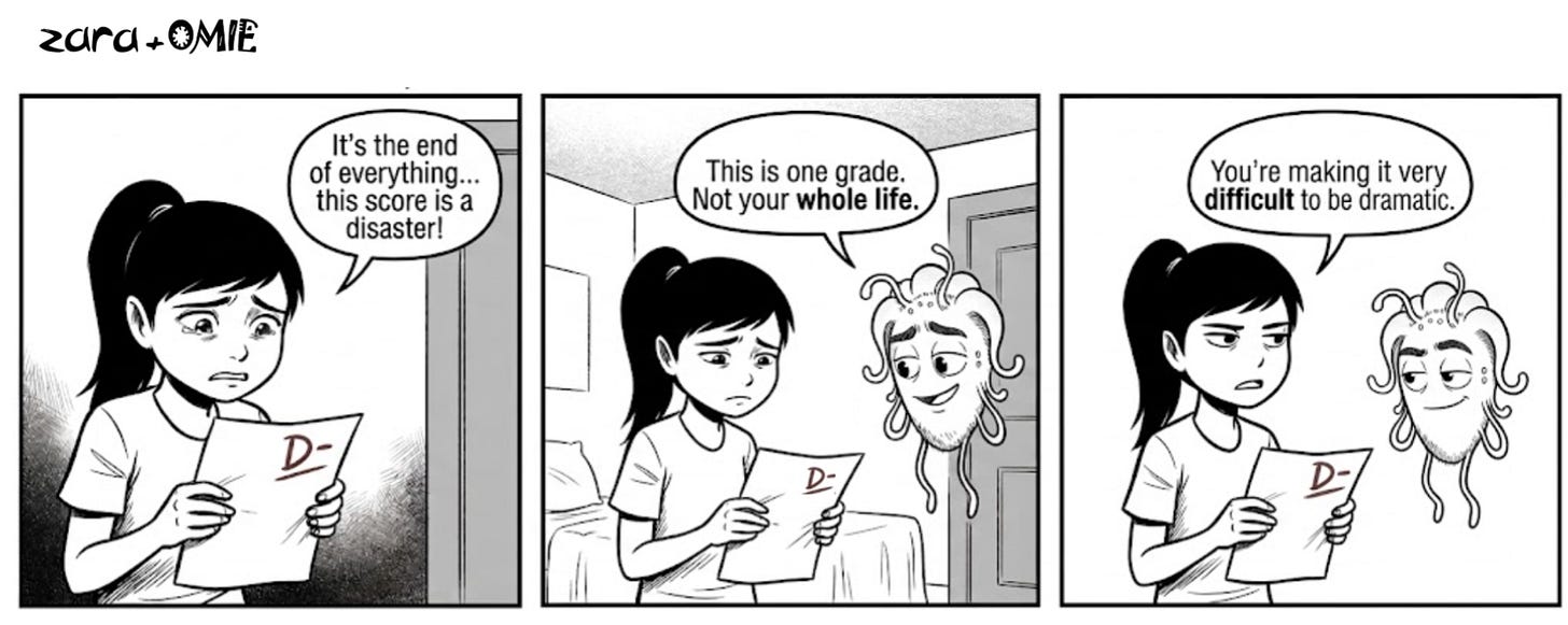 Zara reacts to a disappointing grade while Omie calmly puts it in perspective.