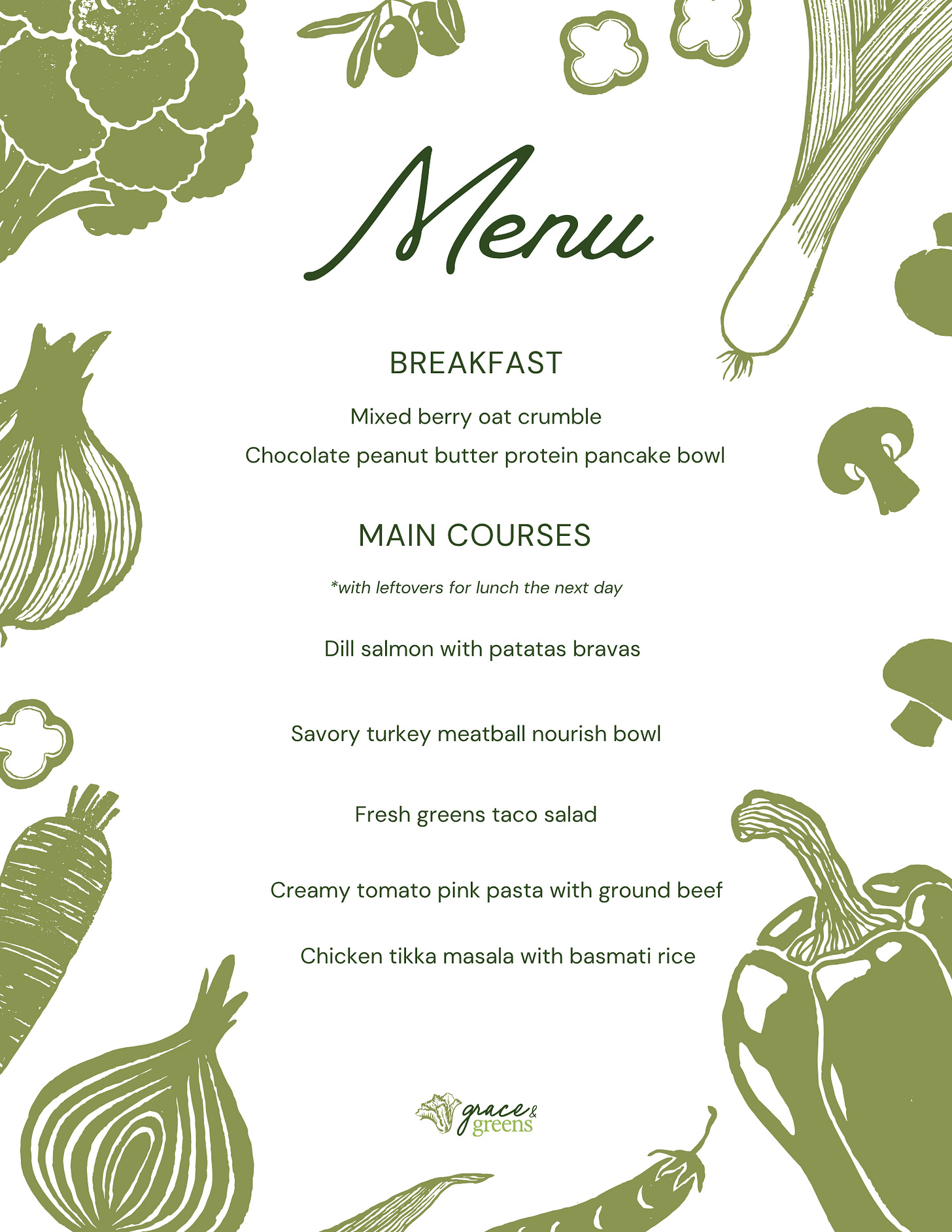 the weekly menu filled with 5 dinner recipes and 2 breakfast recipes to make healthy eating easier