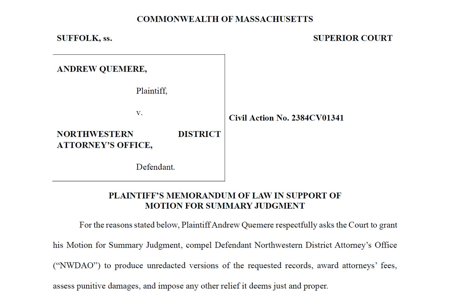 Screenshot of the top of the first page of The Mass Dump's motion for summary judgment.