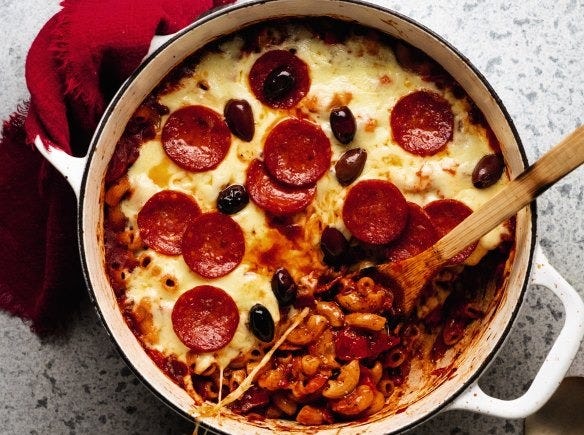 This cheeky mash-up is equal parts pizza and pasta. This cheeky mash-up is equal parts pizza and pasta.