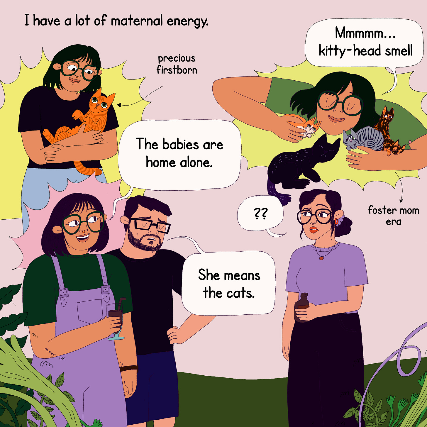 The protagonist is seen doing many different things. Above these scenes is text that reads, “I have a lot of maternal energy.” She is holding her cat in her arms while looking lovingly at them, labeled ‘precious firstborn’. She cuddles with four little kittens in her and thinks, ‘mmm..kitty head smell’, labeled ‘foster mom era’. She is standing with her partner, talking to a friend on the street and says, ‘The babies are home alone.’ The friend looks confused and the partner clarifies, ‘she means the cats.’