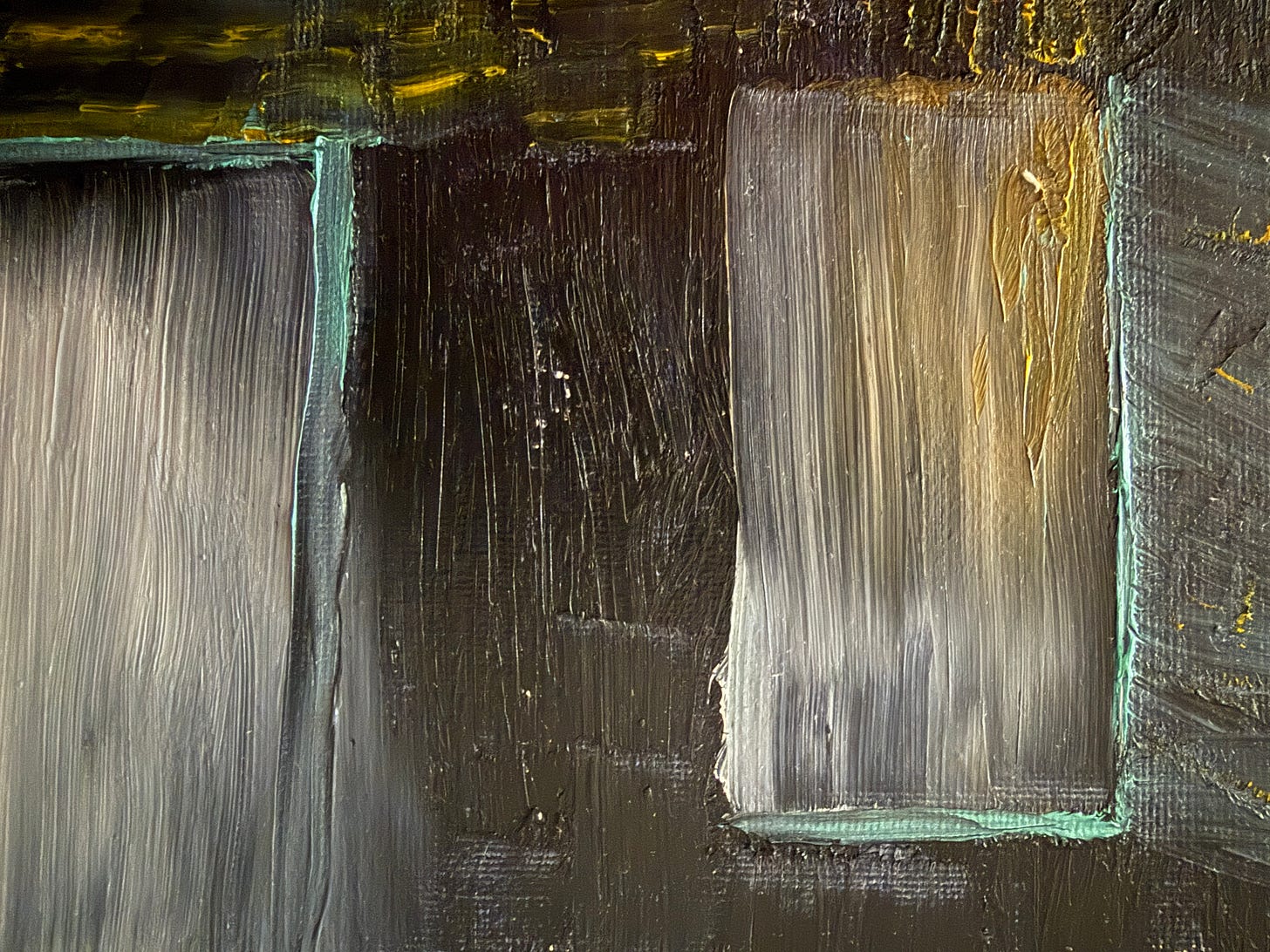 Abstract painting with impression of dark room with a door and window, with soft light coming in and reflecting yellow.
