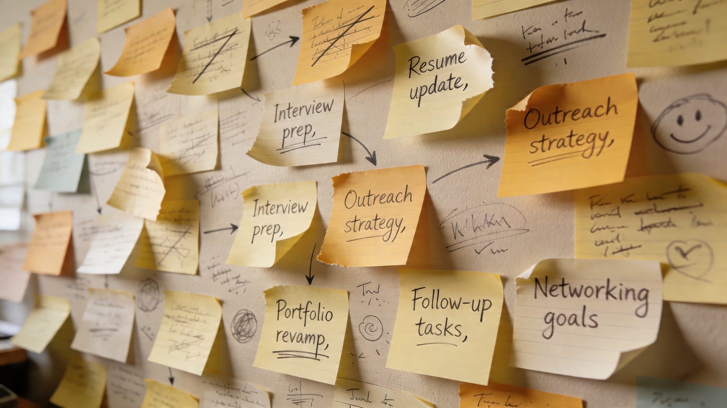 Chaotic sticky-note wall with handwritten job hunt notes Chaotic sticky-note wall with handwritten job hunt notes