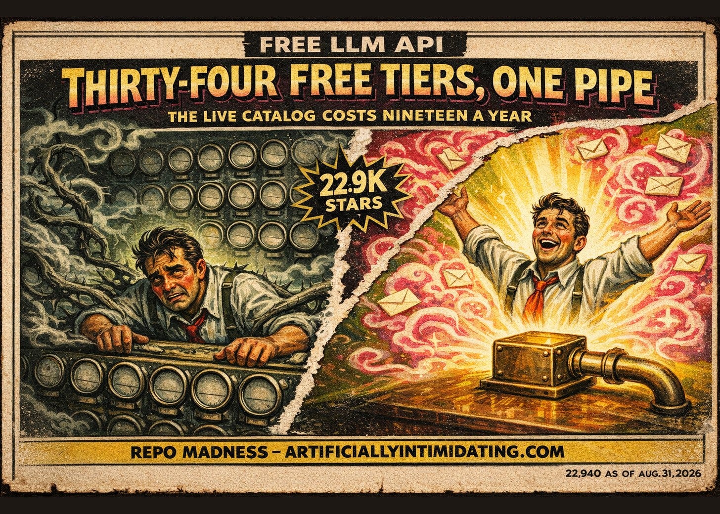 Two-panel poster. Left: a man tangled in cable before a wall of thirty-four blank ration dials. Right: the same man beams beside a brass junction box with a single output pipe. Lettering: FREE LLM API, THIRTY-FOUR FREE TIERS, ONE PIPE, 22.9K STARS.
