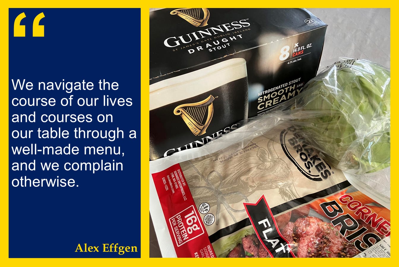 The ingredients of an American Irish meal: Guinness, a package of corned beef, and a head of cabbage. The ingredients of an American Irish meal: Guinness, a package of corned beef, and a head of cabbage.