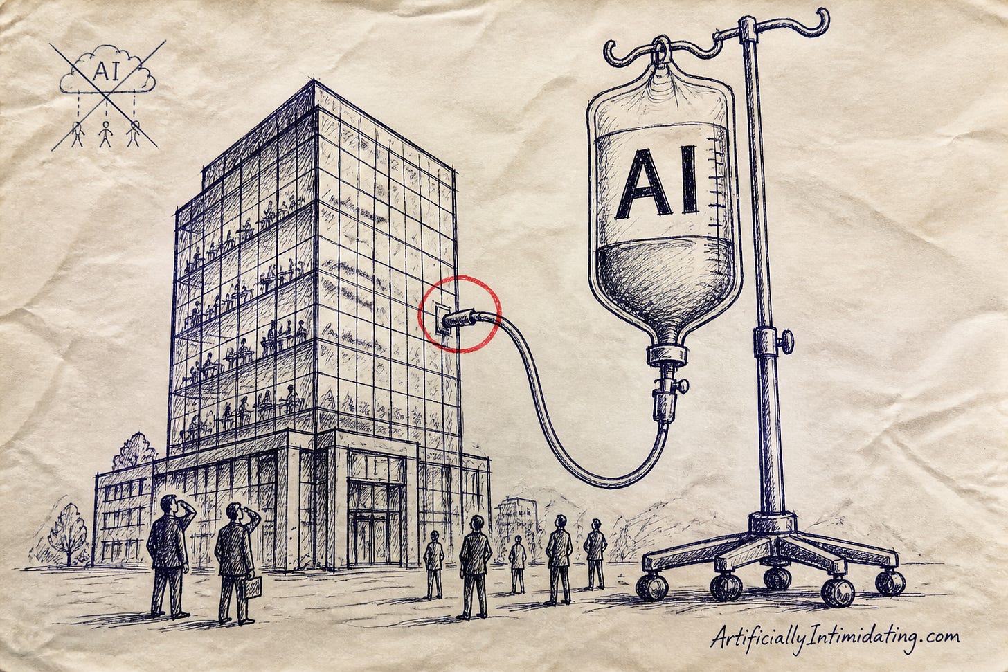 Editorial cartoon: a corporate office tower hooked to a giant hospital IV drip bag labeled AI