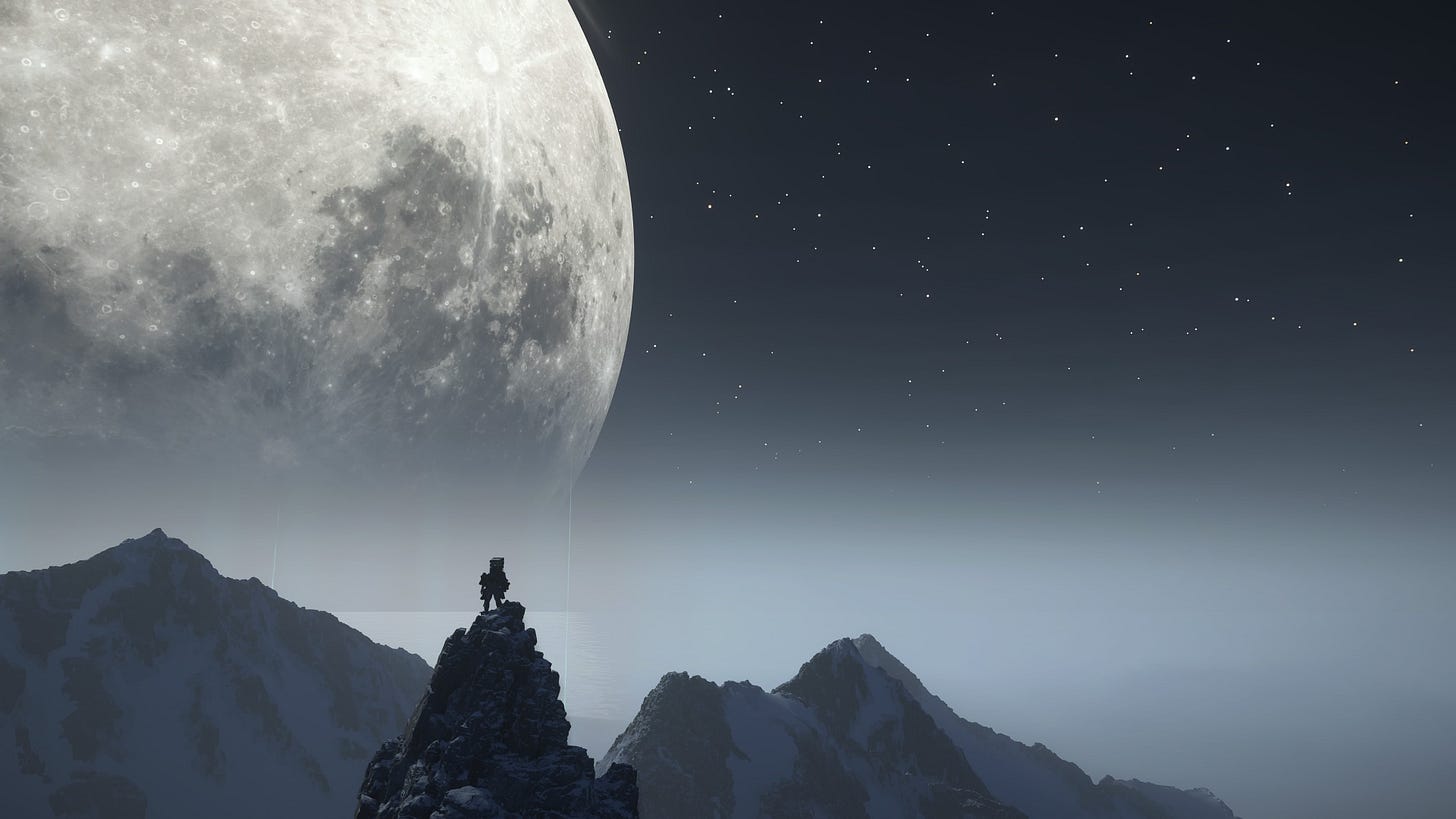 Sam stands on a mountain peak with the tops of mountains visible in the distance; the moon is large and takes up half the screenshot. The stars are bright in the night sky.