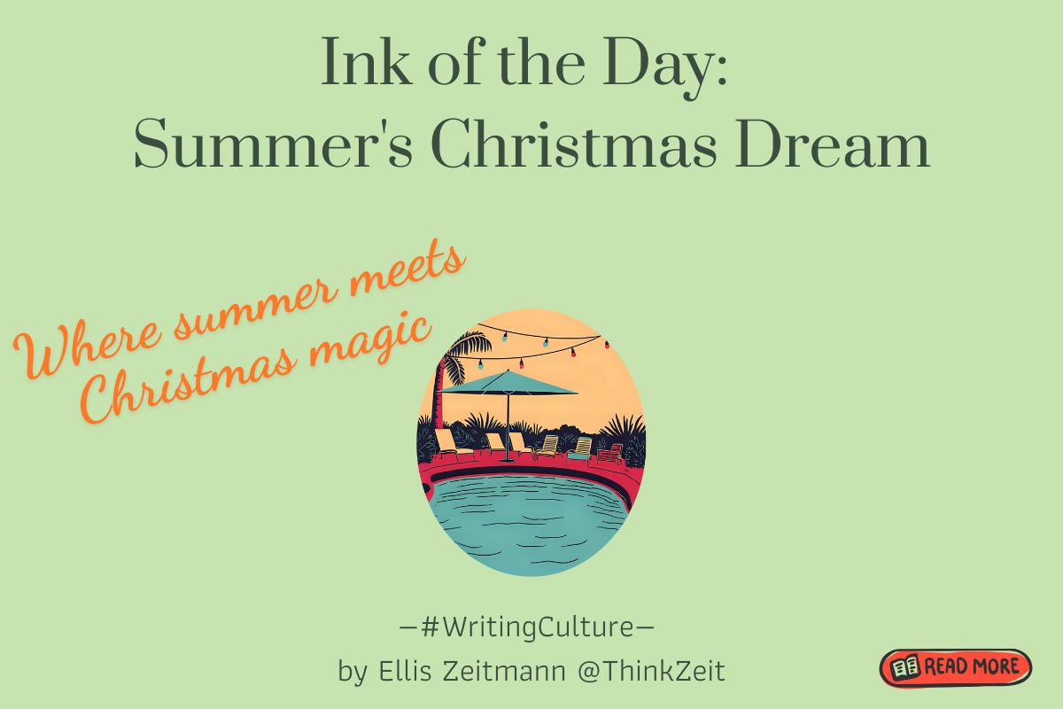 Circular poolside scene with summer chairs and Christmas lights strung between palm trees, representing the temporal bridge between June and December seasons