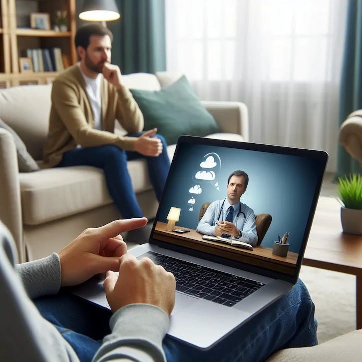 Telehealth: A person sitting on a couch talking to a therapist on a laptop screen Telehealth: In a cozy living room, someone seeks solace on a comfortable couch while conversing with a therapist on a laptop screen. The person's vulnerable body language shows their attentiveness, seeking guidance and support. The compassionate therapist listens intently, providing a safe space for the person to express their thoughts and emotions. Despite the physical distance, the virtual connection allows for a profound bond as the person opens up about their struggles and experiences.