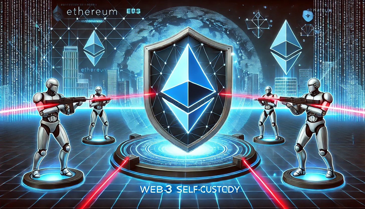 A futuristic digital battlefield representing the defense of Web3 self-custody. At the center, an Ethereum logo is encased in a protective energy shield, resisting cyber attacks from hackers and digital warfare units. Red laser-like attack lines strike the shield, while blue defenses reinforce its integrity. The background features a digital cityscape with blockchain nodes and cryptographic security layers. No text or words should appear in the image.
