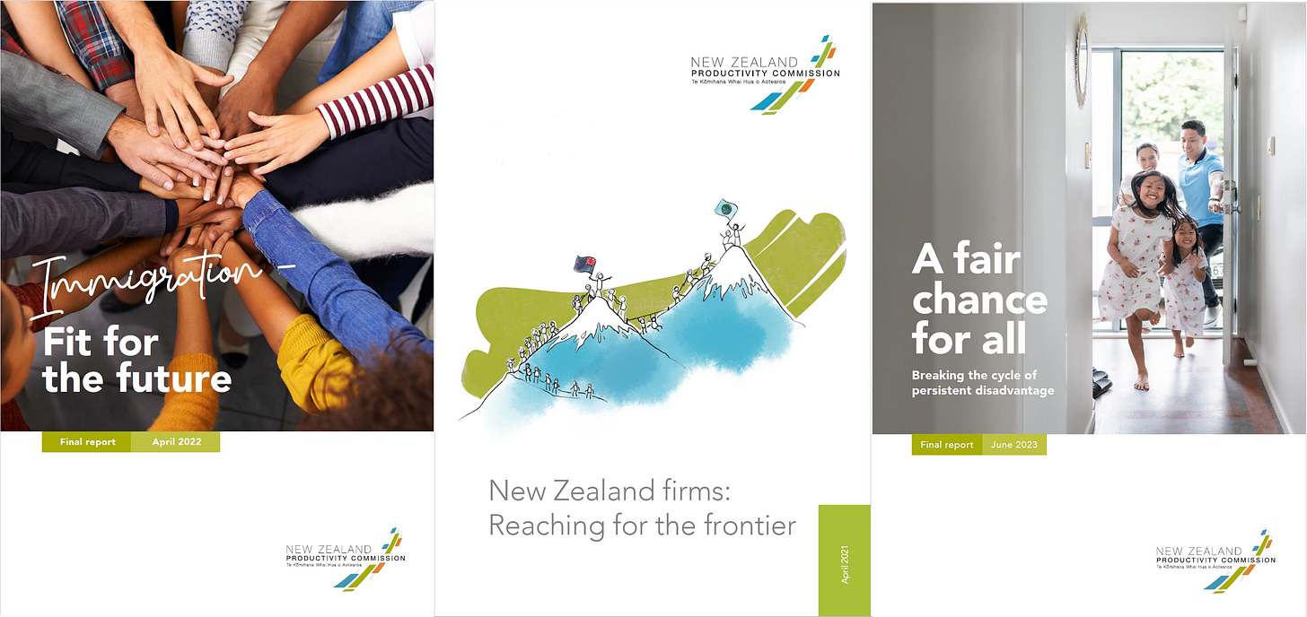Image shows covers of three Productivity Commission reports. (1) Immigration - Fit for the future; (2) New Zealand firms - Reaching for the frontier; (3) A fair chance for all - Breaking the cycle of persistent disadvantage. Image shows covers of three Productivity Commission reports. (1) Immigration - Fit for the future; (2) New Zealand firms - Reaching for the frontier; (3) A fair chance for all - Breaking the cycle of persistent disadvantage.