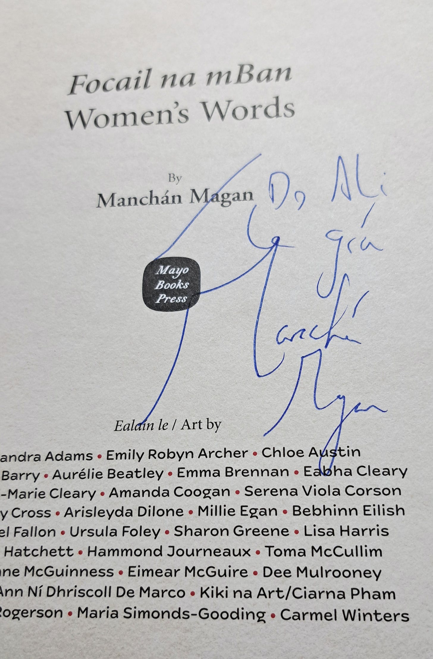 Title page of Manchán Magan's book with his autograph in blue ink