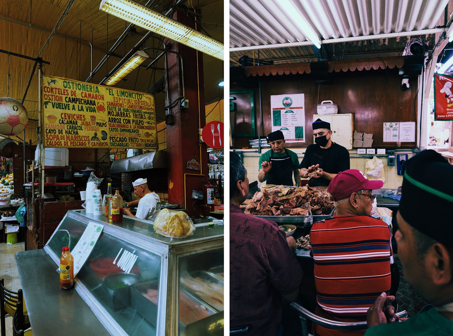 Inside a Mexico City mercado, a cook works behind the counter of Ostionería El Limoncito alongside a busy meat stall where vendors serve customers crowded around a pile of freshly carved meat.