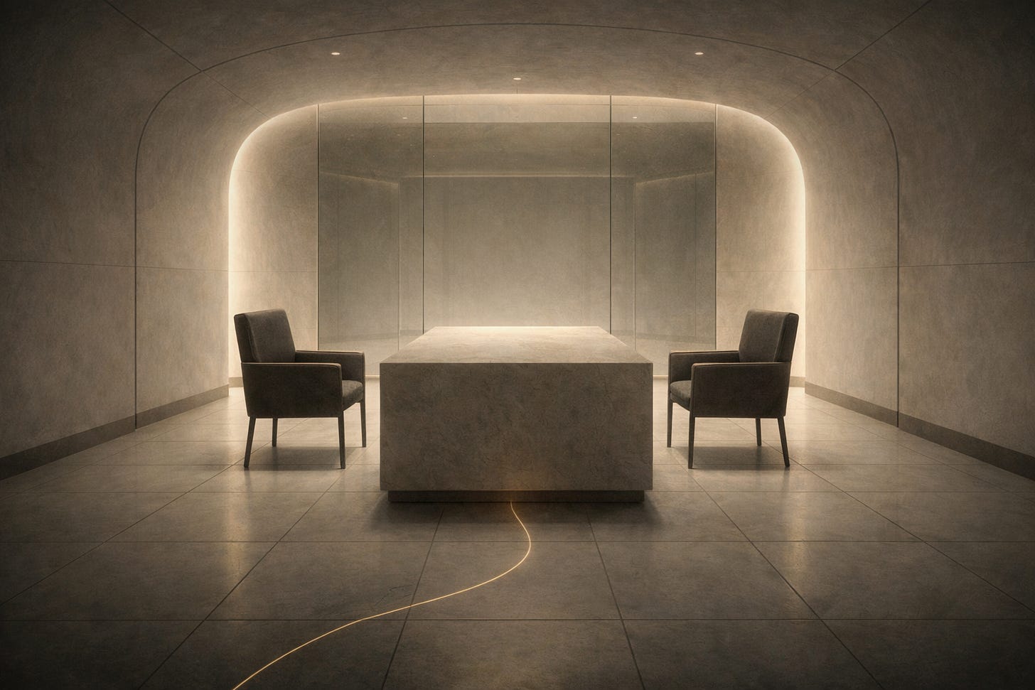 Oil-painted minimalist interview room with curved matte stone walls, a monolithic stone table between two dark chairs, soft source-less lighting, and a thin gold thread embedded in the floor leading toward the table.