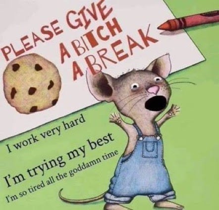 Meme of If You Give a Mouse a Cookie, but the text says instead, "Please give a bitch a break! I work very hard I'm trying my best I'm so tired all the goddamn time"