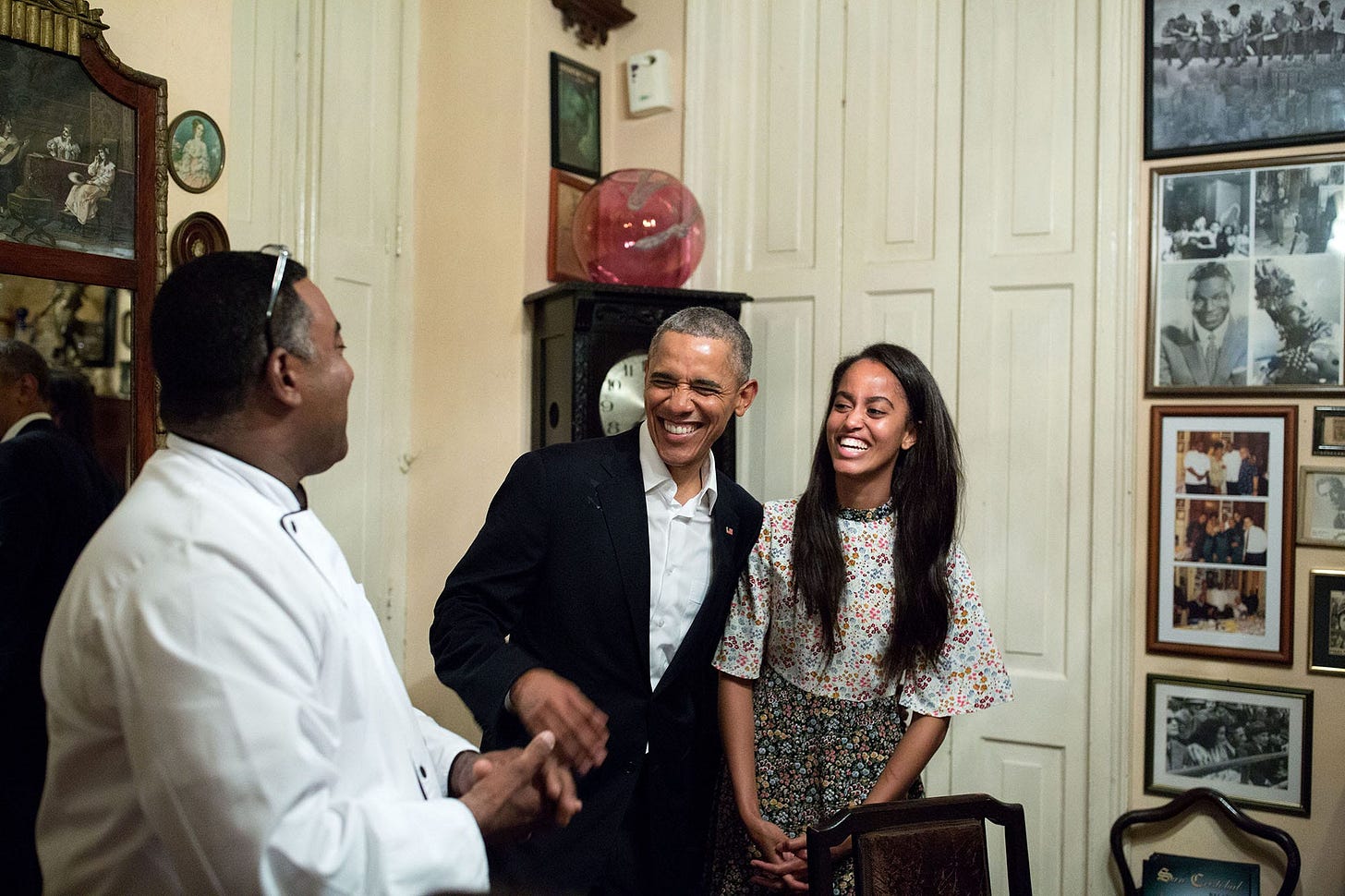 March 20, 2016: A heartwarming moment in Havana, Cuba, as President Obama and Malia share a laugh while Malia impressively interprets in Spanish for a local restaurateur. March 20, 2016: A heartwarming moment in Havana, Cuba, as President Obama and Malia share a laugh while Malia impressively interprets in Spanish for a local restaurateur.