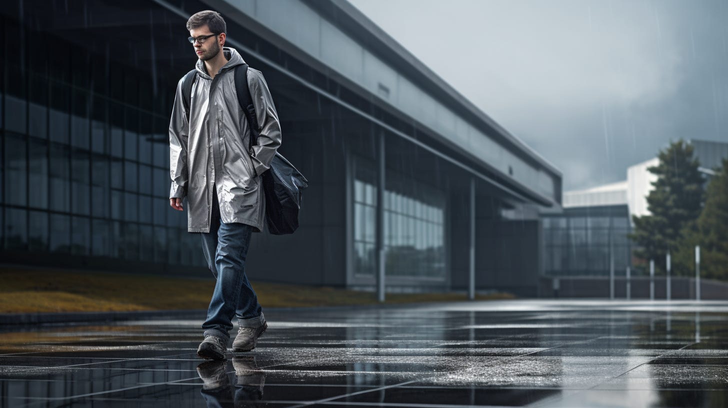 Young man walking through a city plaza on a rainy day