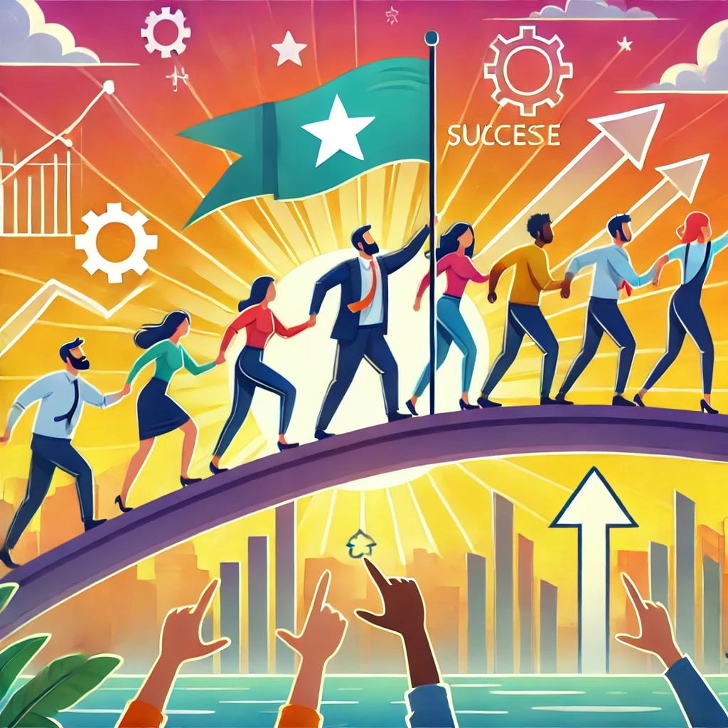 A motivational illustration showing a leader guiding a diverse team through a challenge, represented by crossing a bridge. The leader is holding a flag with symbols of success, like stars and upward arrows. The team members are actively supporting each other, symbolizing collaboration and problem-solving. The background is vibrant with a sunrise, representing new opportunities and progress.