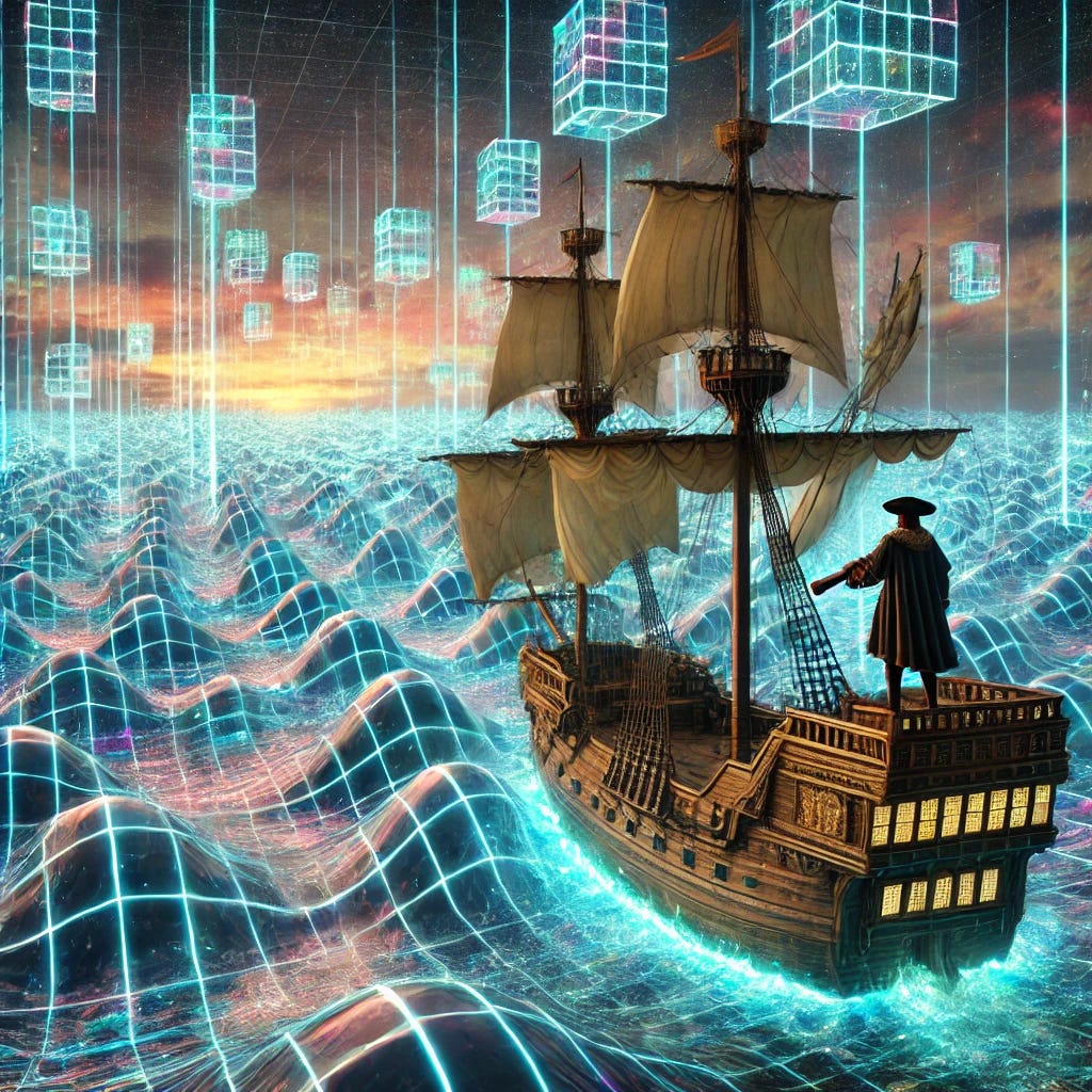 Hernán Cortés aboard a majestic wooden ship in the middle of a surreal ocean made entirely of glowing, interconnected digital blocks. The blocks form waves and shimmer with neon light, creating a futuristic yet nautical scene. Cortés, in 16th-century conquistador attire, stands on the ship's deck, holding an ornate telescope and gazing out over the endless sea of blocks. The ship has traditional sails, but they are infused with a cybernetic glow, blending historical and futuristic aesthetics. The sky above is a mix of a vivid sunset and glowing digital patterns, enhancing the mystical atmosphere.