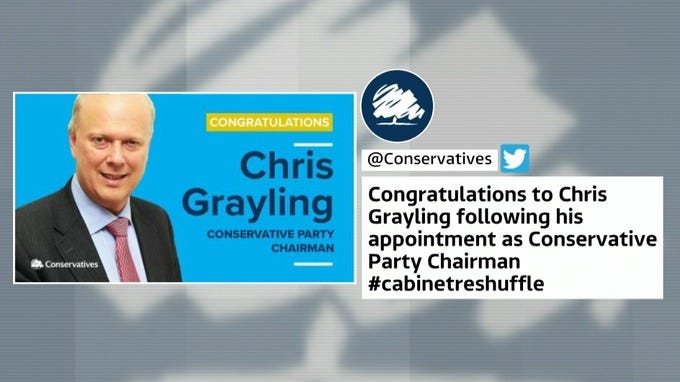 Chris Grayling was welcomed with a specially prepared image along with the official tweet. Chris Grayling was welcomed with a specially prepared image along with the official tweet.