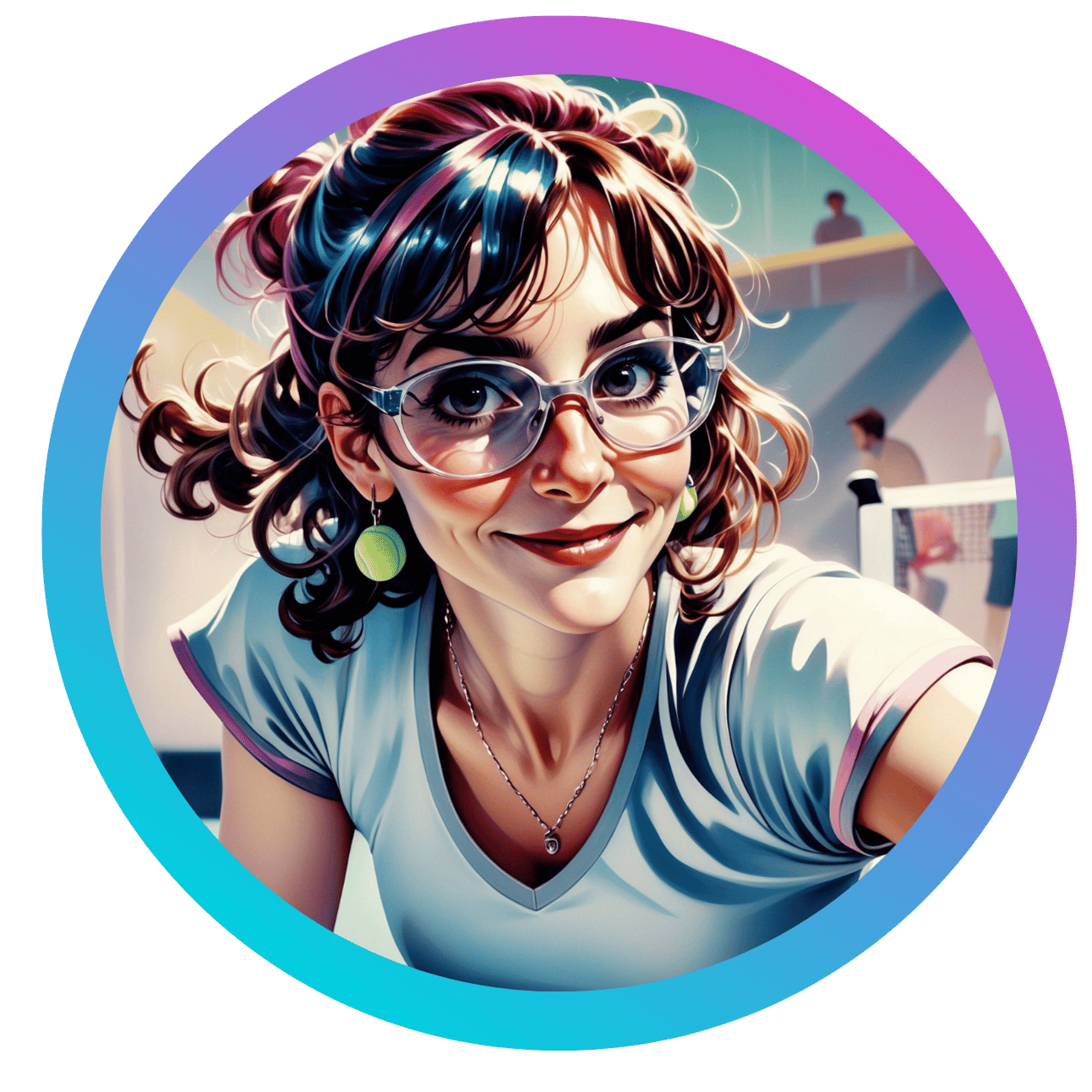 This image portrays a lively, youthful character with a bright and friendly demeanor. The central figure is a young woman with curly hair, styled in a playful and slightly messy manner, tied back with colorful accessories. She wears large, round glasses that amplify her expressive eyes, and a pair of fun, lime-green earrings shaped like balls. Her attire is casual yet sporty, consisting of a light blue t-shirt with purple trim on the sleeves. A delicate necklace with a small pendant adds a touch of elegance to her look. She is smiling broadly, creating an engaging and approachable presence. The background suggests an indoor setting, possibly a sports hall or recreational facility, with people engaged in various activities. The soft, diffused lighting adds to the lively atmosphere, enhancing the vibrant colors and dynamic composition. The image is framed by a circular border with a gradient that transitions from blue to purple, giving it a modern and stylish appearance. This artwork captures the essence of a cheerful, active lifestyle with a touch of whimsy.