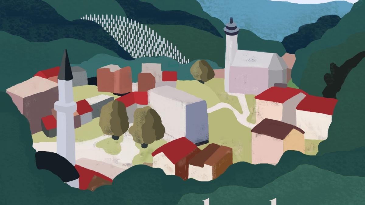 getekend overzicht van Screbrenica vanaf een heuvel, in de achtergrond zie je een massagraf